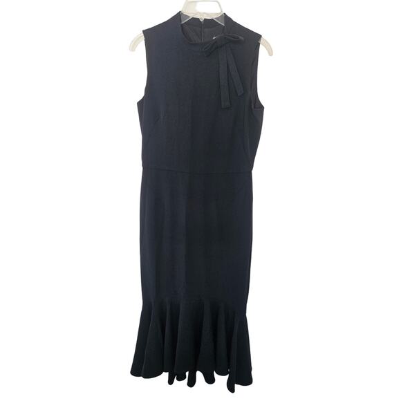 Maggy London Dark Blue High Neck Bow Sleeveless Sheath Ruffle Dress sz 8 Basic - Picture 1 of 8